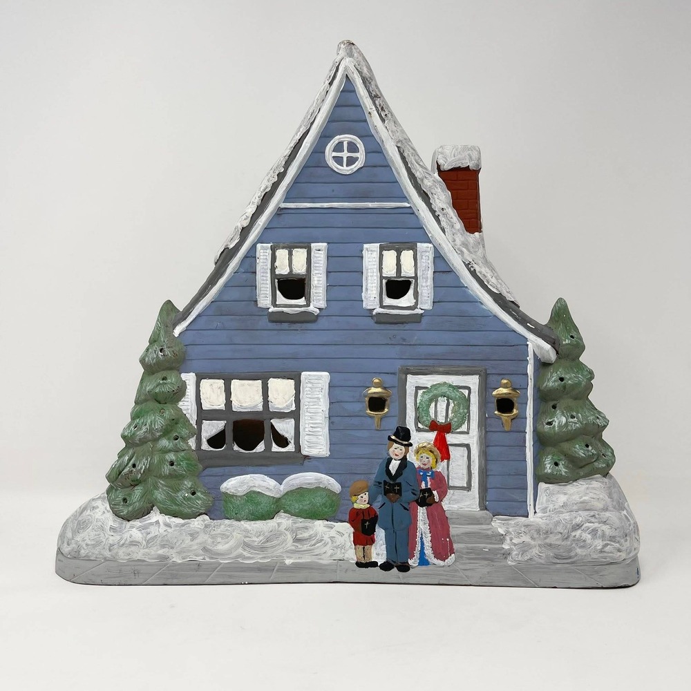 VTG 1985 Cramer Mold Ceramic Christmas Eve House Blue White 13.25" Tall Light Up